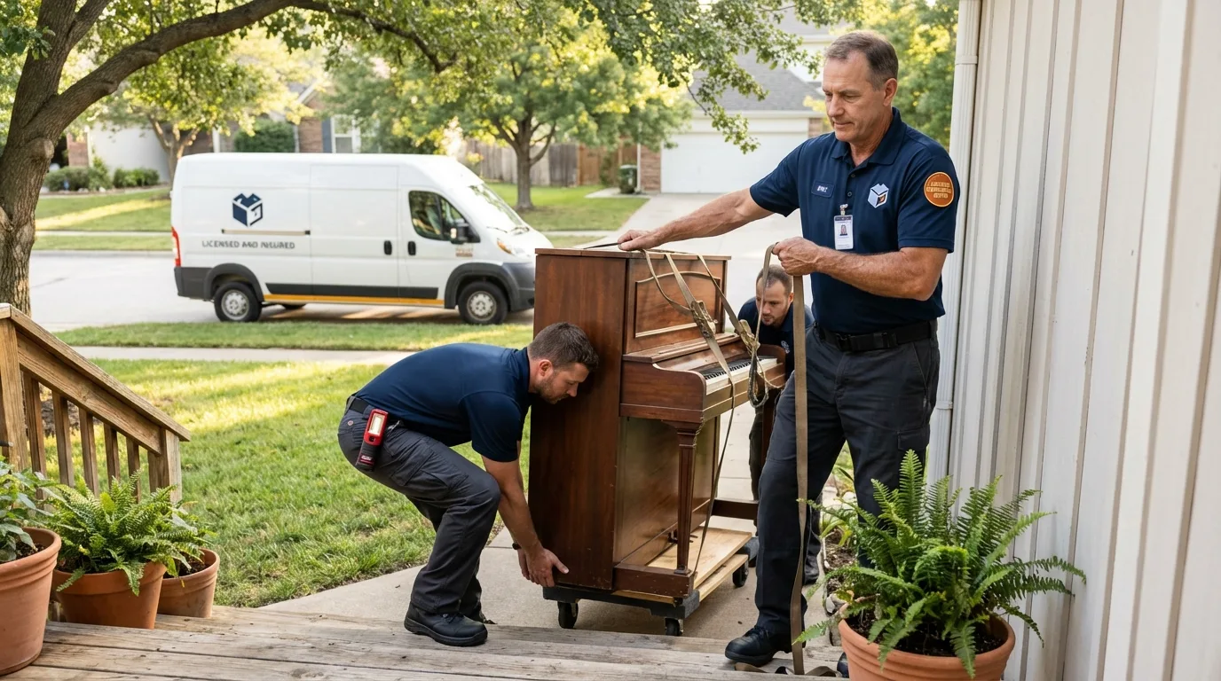 Licensed piano movers securing grand piano in Steamboat Springs, CO