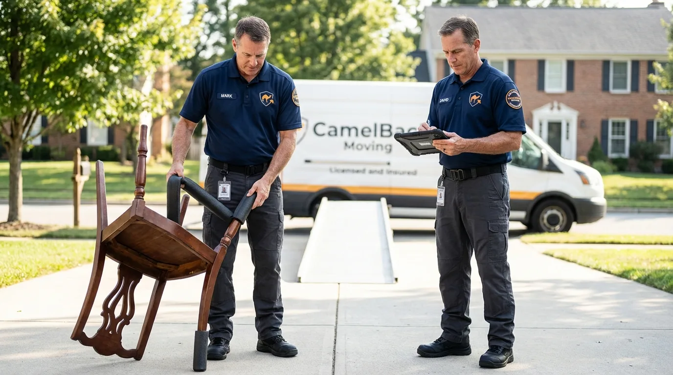 Movers inspecting furniture for damage prevention before loading in Steamboat Springs, CO