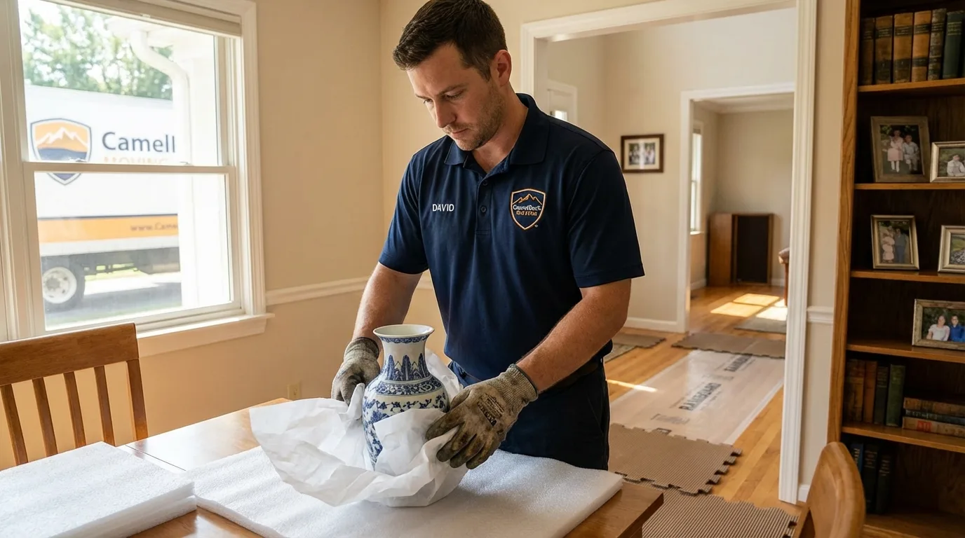 Professional crew carefully wrapping antique vase for senior downsizing move in Steamboat Springs, CO